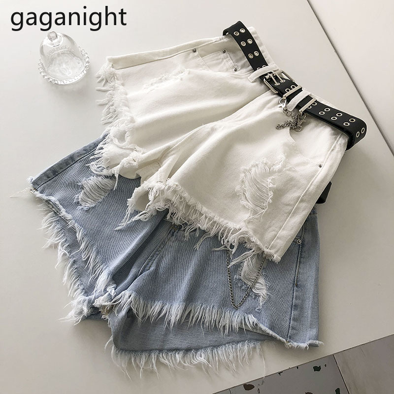 

Gaganight Casual Summer Women Jeans Shorts High Waist Sashes Pocket Denim Shorts Sexy Girls Ripped Wide Leg Short Jeans -L 210519, White