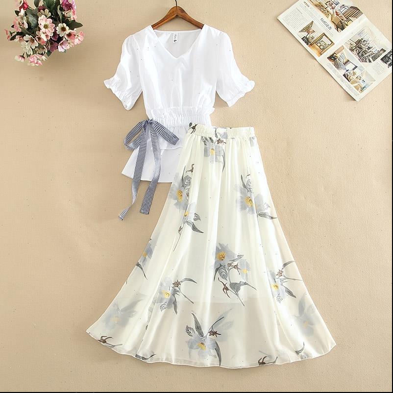 

summer office 2 piece set women dress v neck puff sleeve white blouse bow tie flower printed long skirt