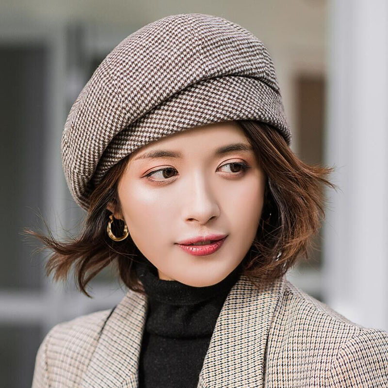 

Fitted Hat new Elegant Women Plaid Beret For fashion Winter Female Cotton Wool Hats Cap Autumn 2019 Brand New Womens Painter Ha, Beige