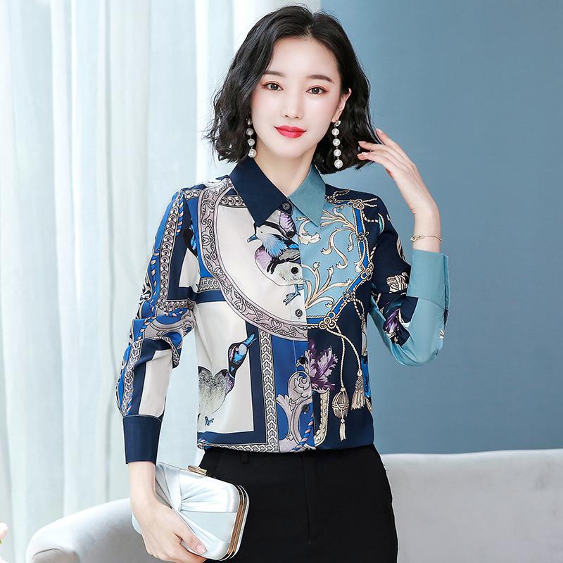 

Women's Blouses & Shirts 2021 Autumn Style Silk Shirt Blouse Western Retro Print Long-sleeved Mulberry, White