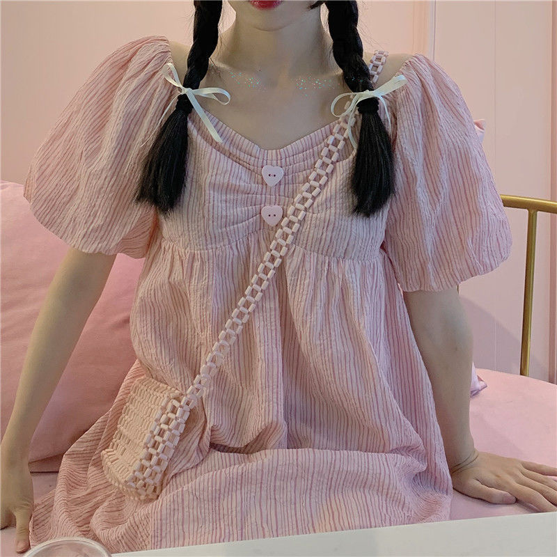 

Pink Elegant Sweet Dress Women Kawali Vintage Princess Sexy Mini Desigber Puff Sleeve Solid Holiday Summer 210519, Pink dress
