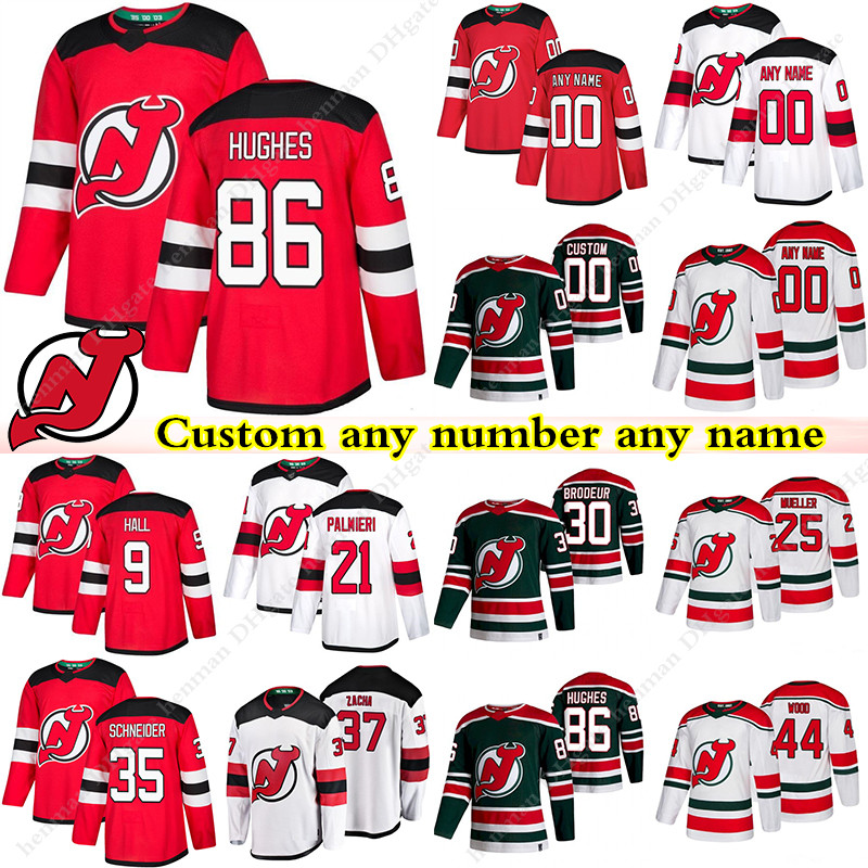 New Jersey Devils hockey jerseys 86 Jack Hughes 30 Martin Brodeur 13 Nico Hischier 44 Miles Wood 28 Damon Seversoncustom any number and name