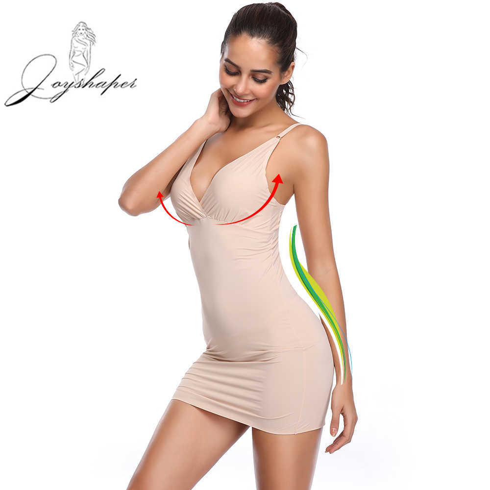 

Joyshaper Sexy Push Up Camisole Slips Dress Full Slip Body Shaper Seamless Shapewear Tummy Control V-neck Underwear Underskirt, Beige