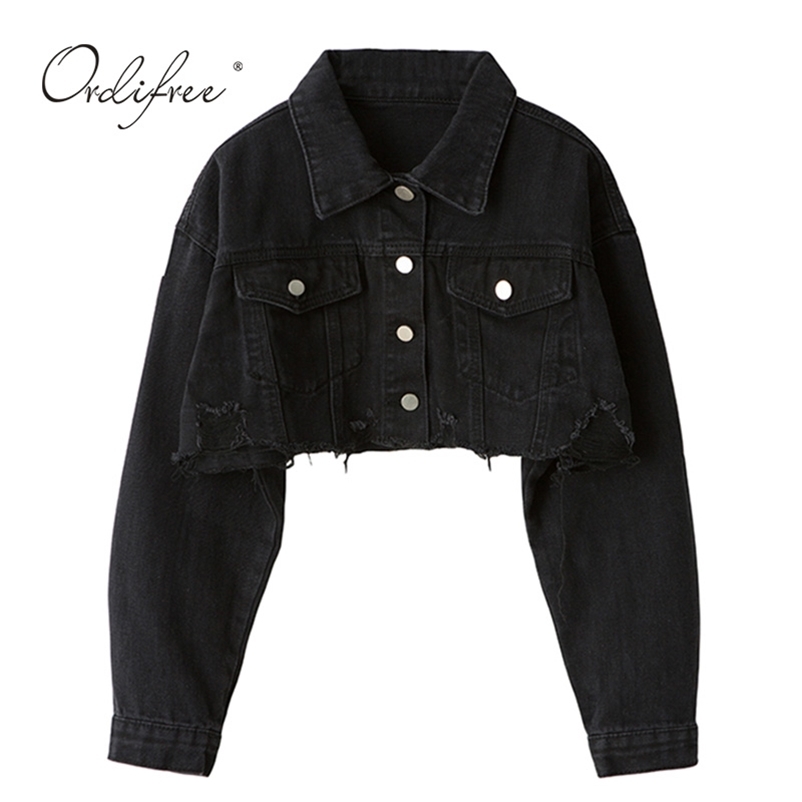 

Ordifree Autumn Women Denim Jacket Long Sleeve Fashion Streetwear Casual Loose Outwear Short Ripped Jeans Jacket Coat 210722, Black