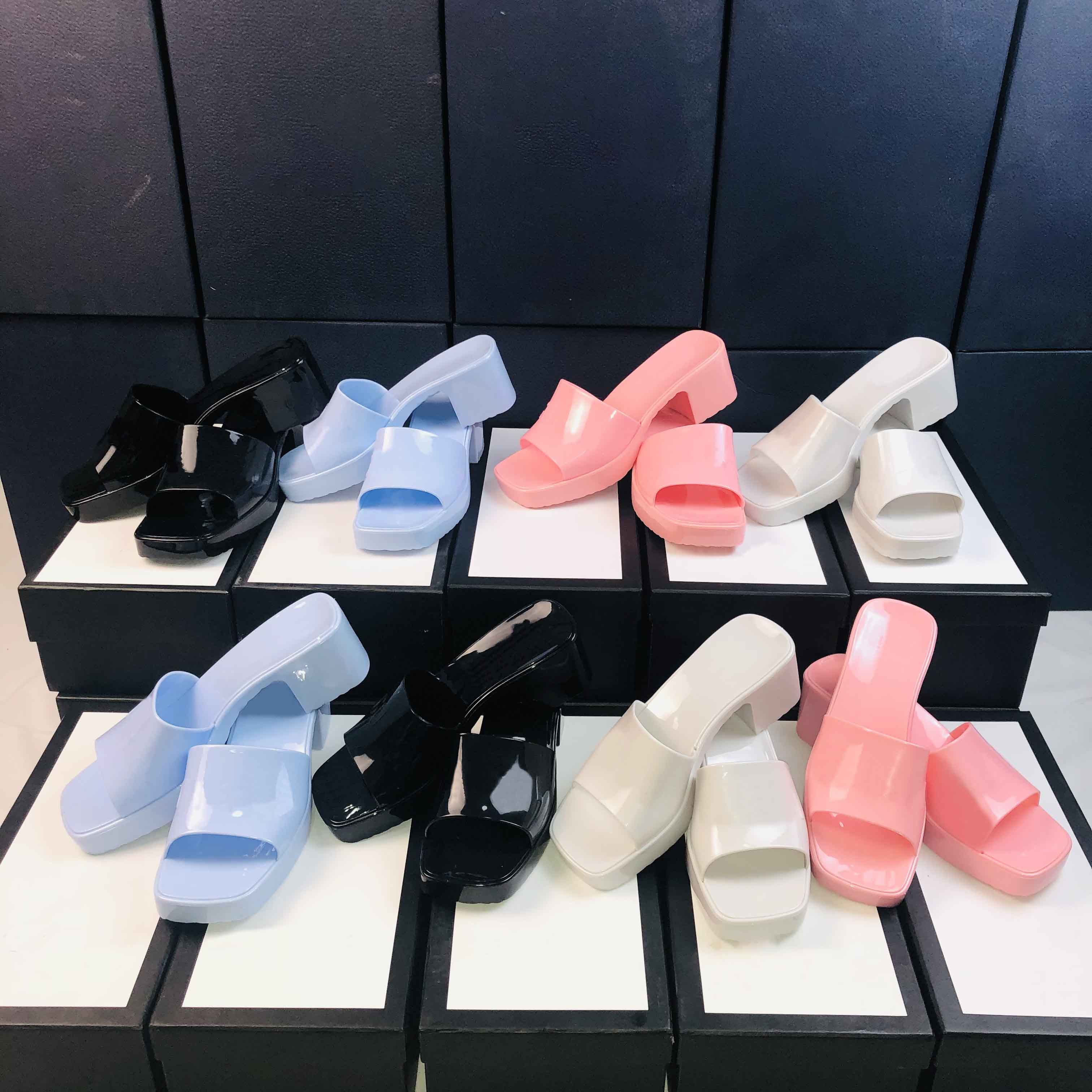 

Women fashion jelly slippers Slide Sandal 6cm Platform Slipper Pink Green Candy Colors Outdoor Beach Slides Flip Flops With Box