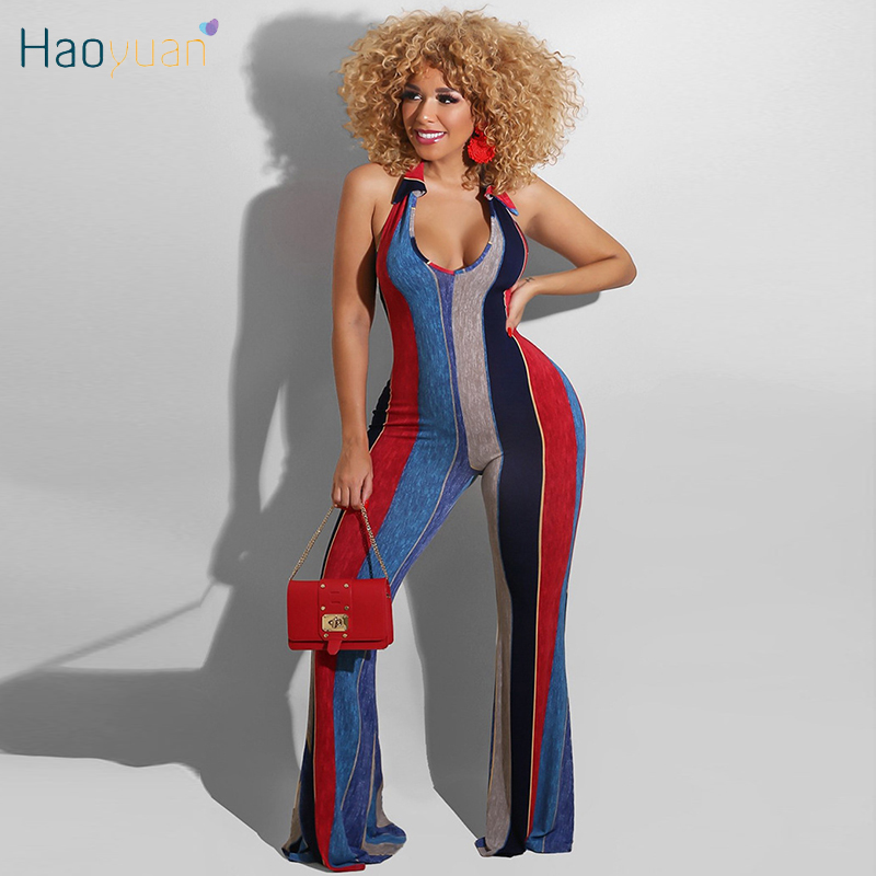 

HAOYUAN Sexy Striped Halter Jumpsuit Birthday Outfits for Women Backless Bodycon Bodysuit One Piece Club Bell Bottom Rompers, Purple