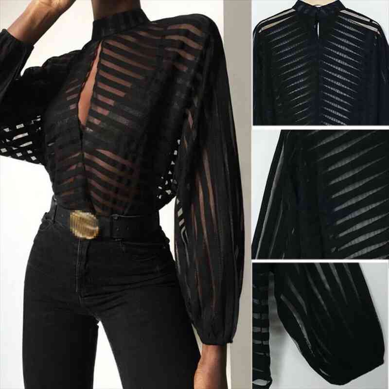 

black women mesh sheer blouses ladies long sleeve striped front hollow out transparent shirts blusas mujer camisas, White
