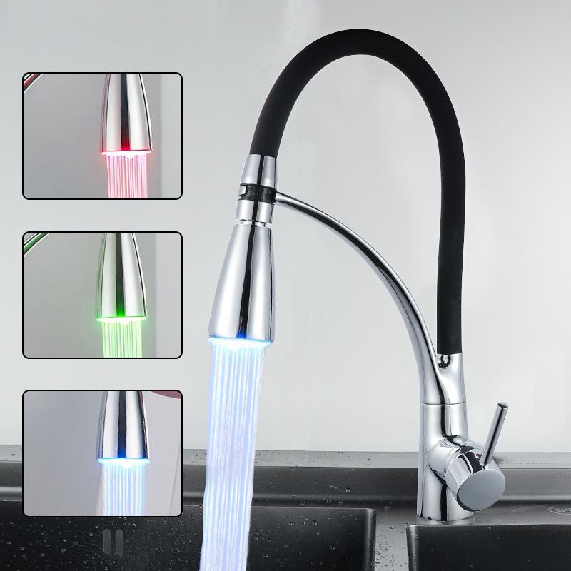 

Bathroom Sink Faucets 2021 Style High-Quality Kitchen Full Copper Faucet LED Pull-Out Dish And Cold