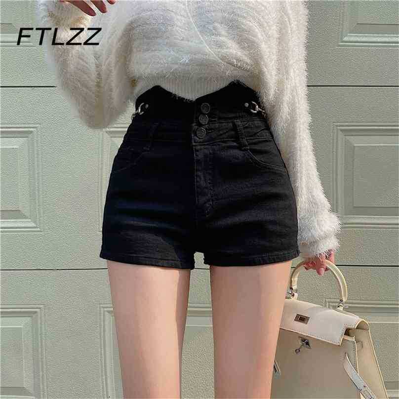 

Korean Chic Denim Shorts Women Slim Skinny High Waist Jeans Short Pants Woman Streetwear Button Fly Black 210525