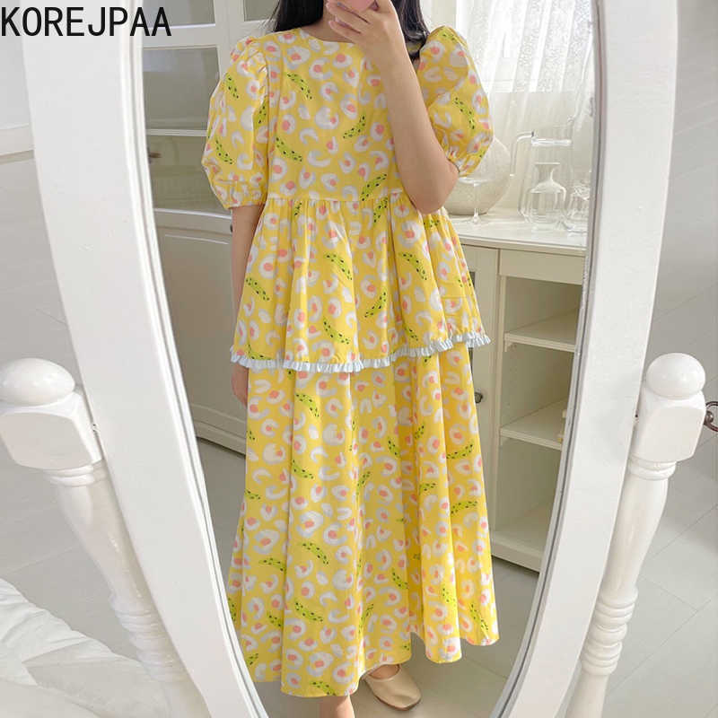 

Korejpaa Women Dress Korean Fashion Chic Summer O-neck Cute Print Loose-fitting Bubble Sleeve Cake-style Long Vestido Female 210526, Yellow