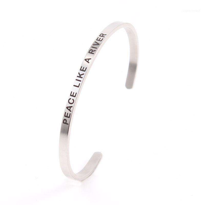 

Silver Stainless Steel Mantra Bangle For Women Gift 4MM "PEACE LIKE A RIVER" Positive Inspirational Personalized Bracelet