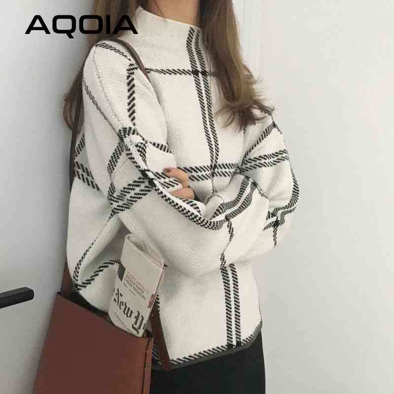 

Winter Korean style Women' Pullovers Sweater Fashion Plaid Turtleneck Loose Knit Full Sleeve Tops Ladies Sweaters 210521, Random color