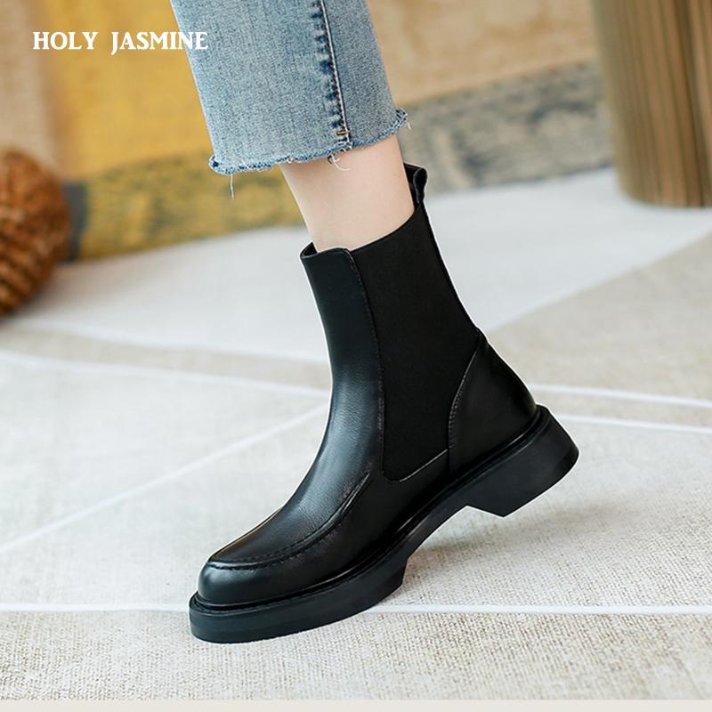 

Boots 2021 Ankle For Women Thick Bottom Round Toe Genuine Leather All-match Botas Feminina Platform Shoes, Black