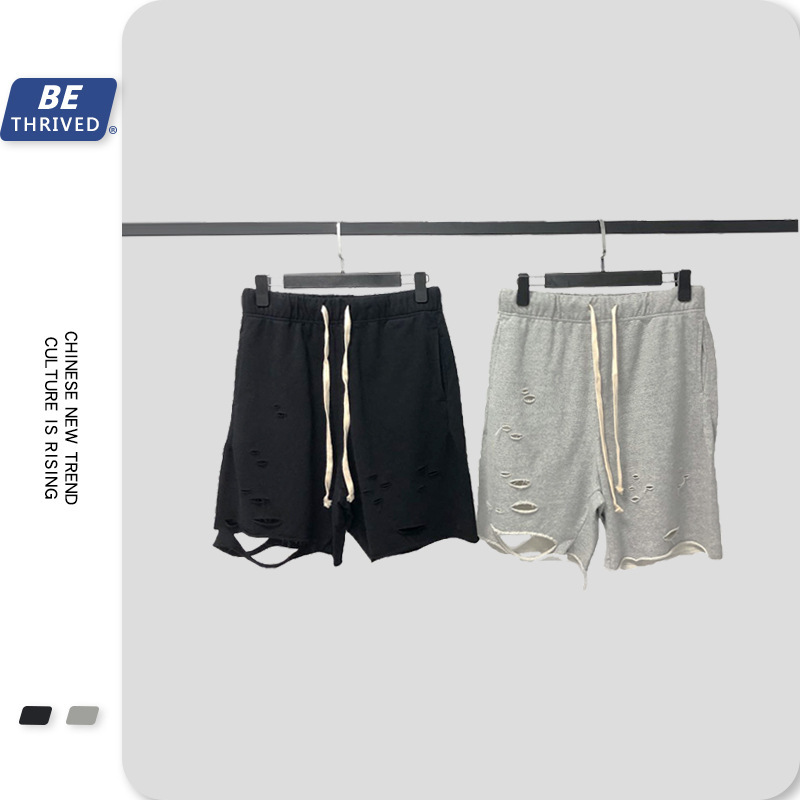

be men's wear | 2021 summer high street 5-point guard dark hole fashion hand cut men's shorts, Black