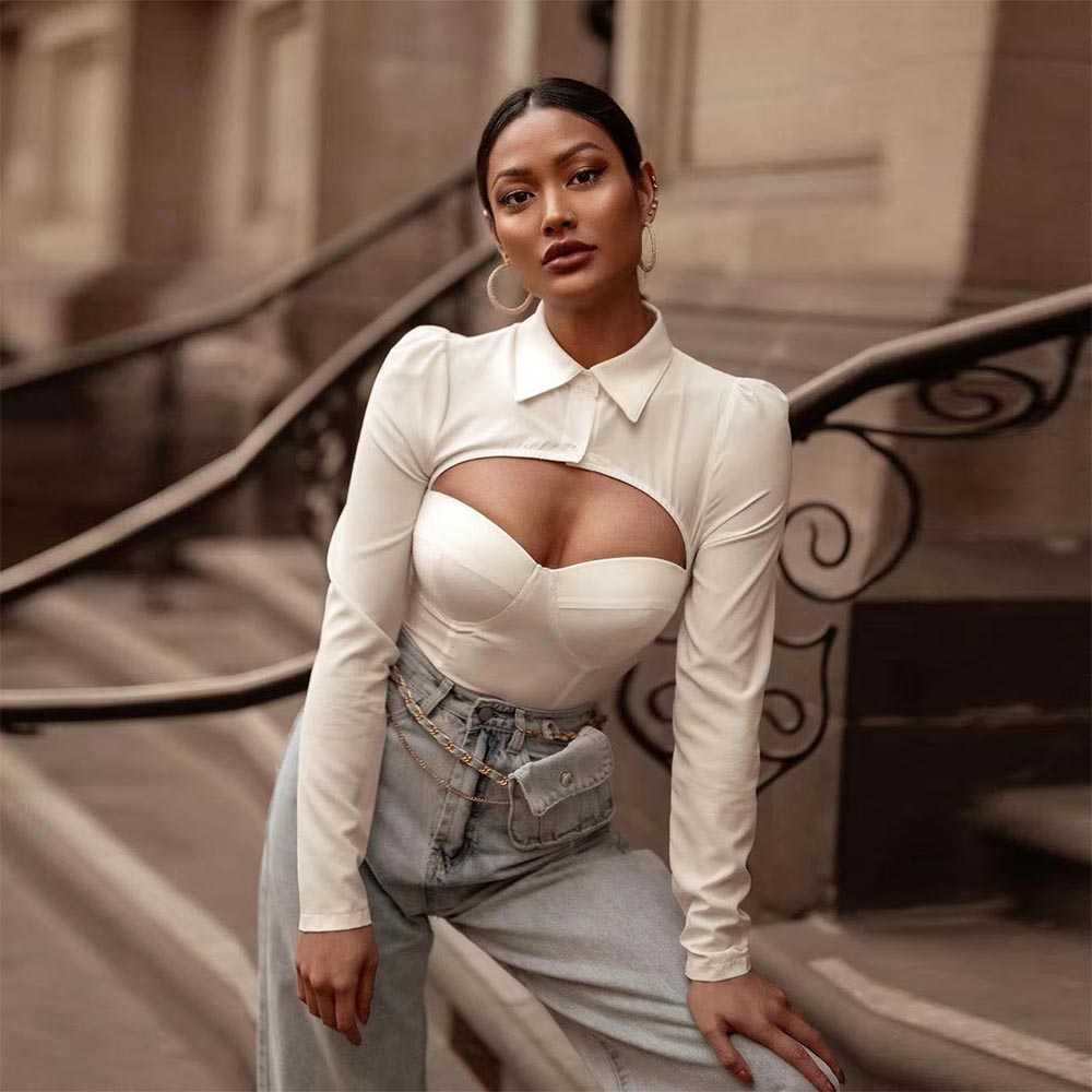 

Ocstrade Long Sleeve Shirts Summer White Cut Out Woman Sexy Slim Crop Top Fashion Club T Shirt Outfits 210527, Beige