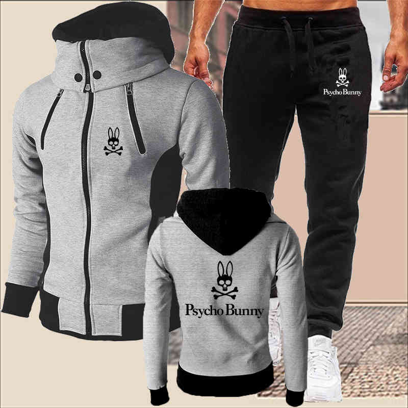 Psycho Bunny Men's Hooded Tracksuit Set Windproof Jacket + Techwear Sweatpants Male Sportswear Suits Winter Harajuku Style S-4xl-image-747801784