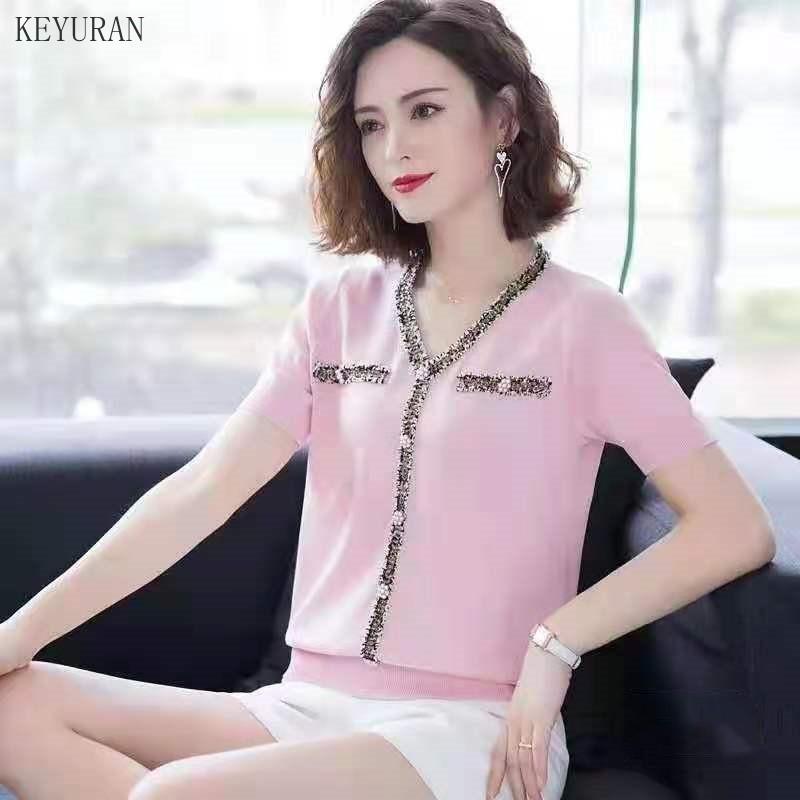 

Women's T-Shirt 2021 Contrast Color Summer Black Knitted T Shirt Women Short Sleeve V-Neck Knitting Ice Silk White Female Womens Tops