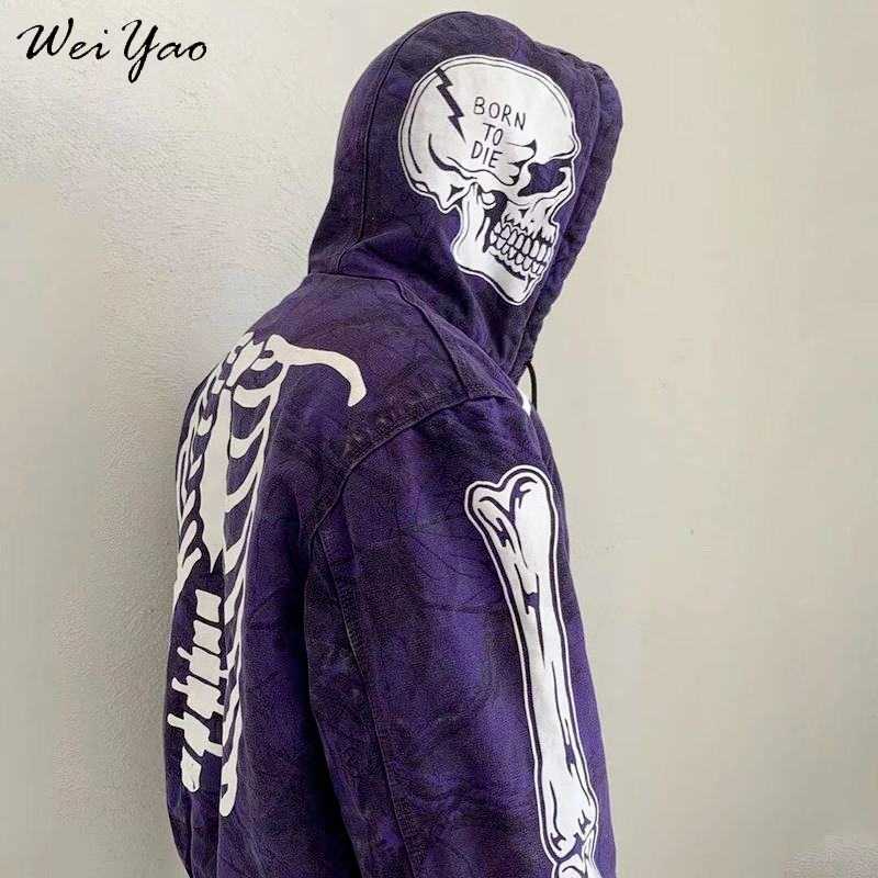 

WeiYao Zip-up Y2K Harajuku Gothic Hoodies Korean Style Loose Skull Print Goth Grunge Long-sleeved Hooded Coat Solid Color Retro H0908