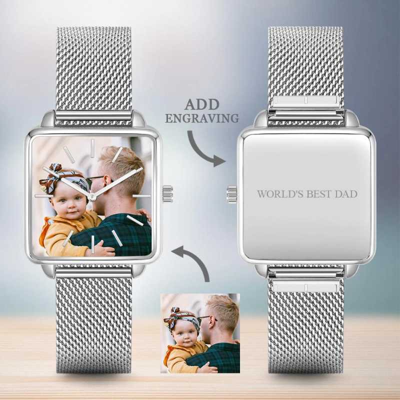 

Engraved Custom Men Po Watch Pattern Stainless Steel Bracelet Square Case For Baby Family Gift Wristwatches, Slivery;brown