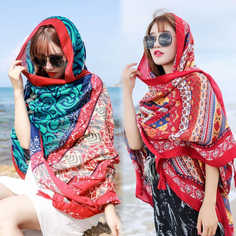 

Summer Cotton National Style Tourism Silk Scarf Sunscreen Big Shawl Women Beach Towel Ground Stall Scarves, Blue;gray
