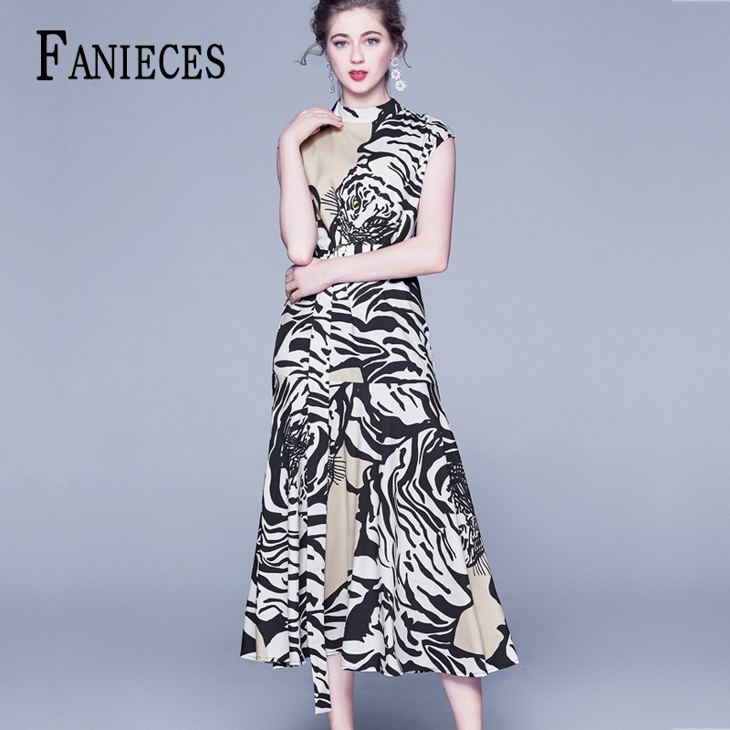 

ins Fashion office lady Runway Summer Autumn tank Dresses Women's Sleeveless Tiger print Elegant Midi Vintage A-Line Dress 210520, Black