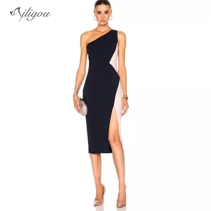 

Women' Stitching Bandage Dress Celebrity Party Sexy Bodycon One Shoulder Sleeveless Split Vestidos 210525, Apricot black