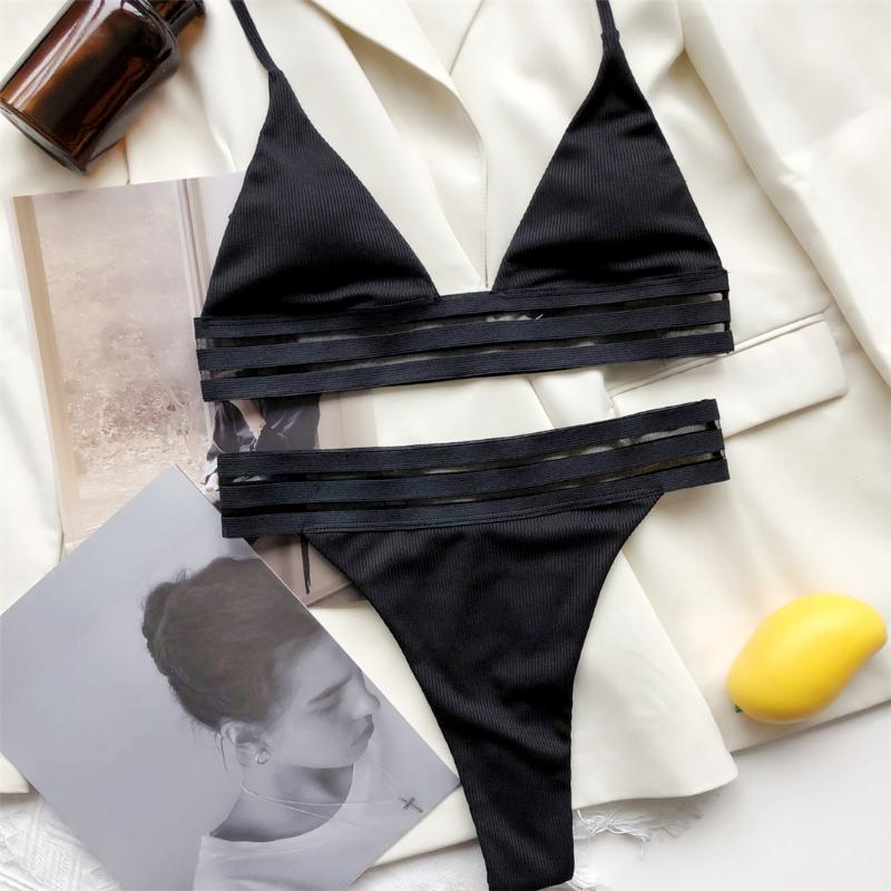 

Women' Swimwear Sexy Halter Ribbed Female Swimsuit High Waist Bikini Women Two-pieces Set Bather Bathing Suit Swim K3064, Black