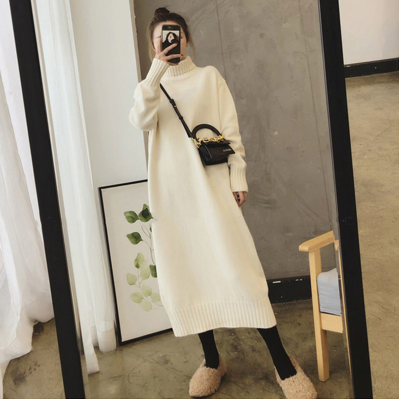 

Sweater Dress Women Knitted Turtleneck Solid Dress Autumn Winter Warm Knit Female Dress Loose Midi Vestidos Dresses Big Sizes, Black long 100cm