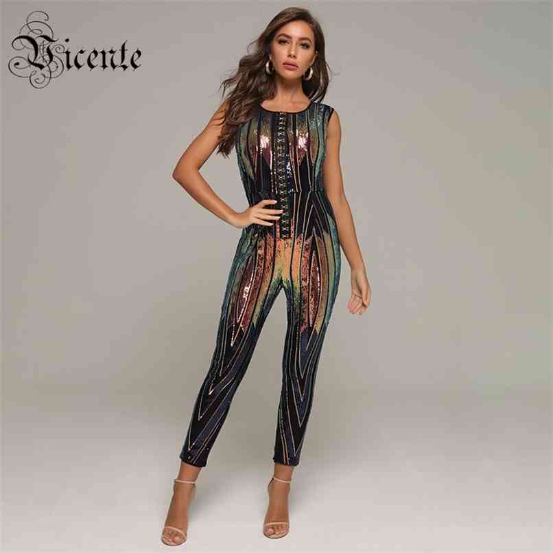 

Trendy Sparkle Sequins Hooks Design Sleeveless Celebrity Party Club Women Jumpsuit 210520, Beige