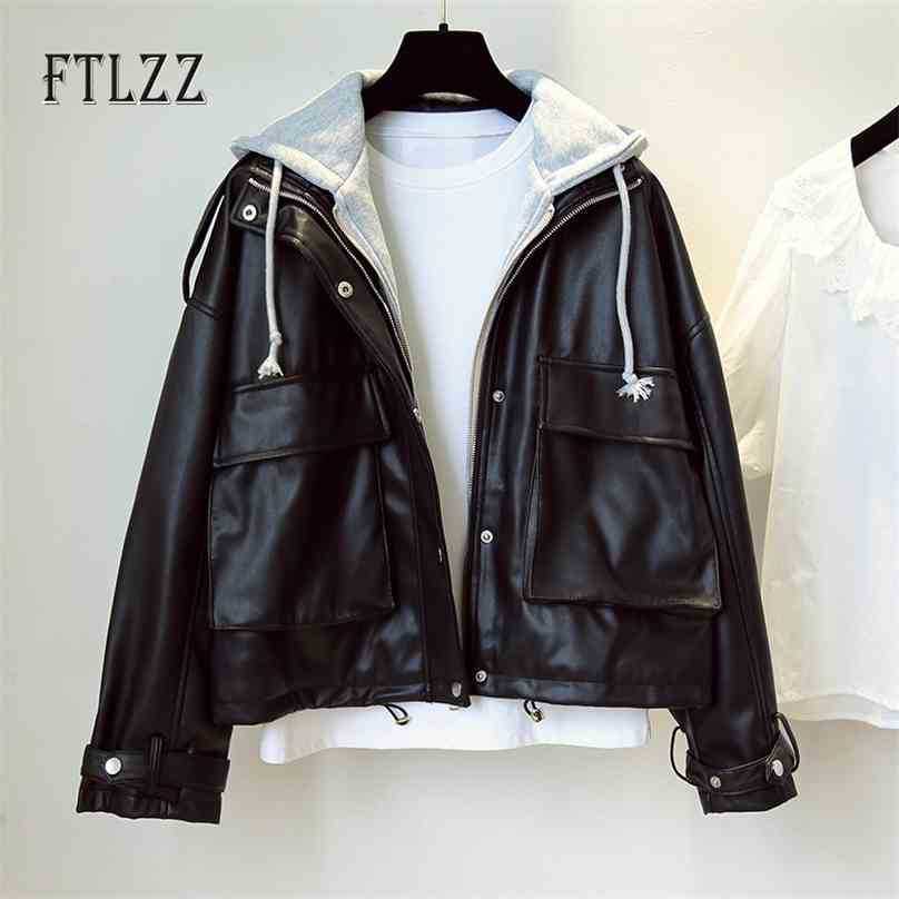 

Autumn Faux Soft Leather Jacket Women Patchwork Hooded Streetwear Black Biker Coat Female Loose Moto Pu Outwear 210525