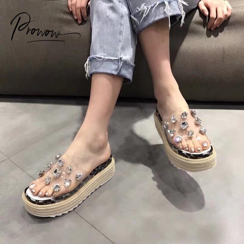 

Slippers Prowow Fashion Style Spring Summer PVC Shoes Woman Open Toe Crystal Women Platform Casual, Black