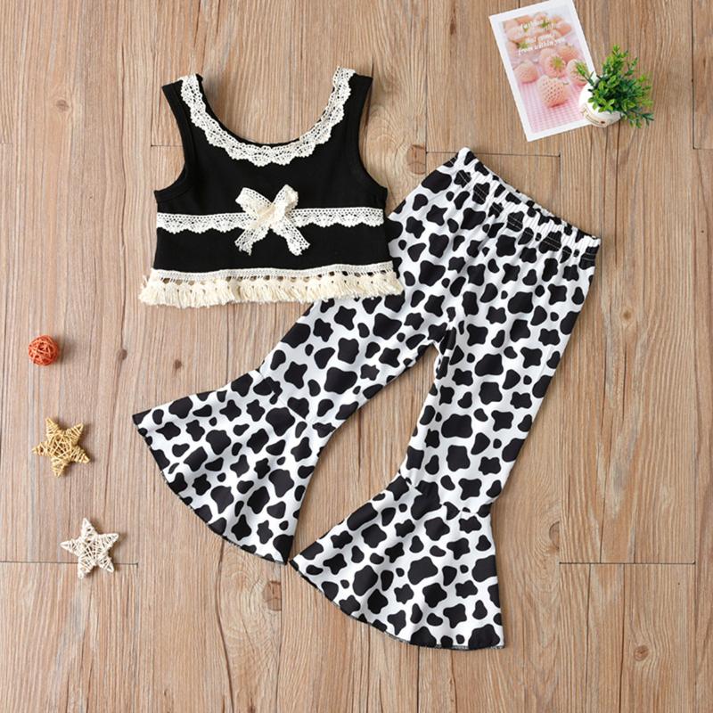 

Clothing Sets Fashion Kids Girl Set Lace Bow Vest +Leopard Floral Flared Pants Toddler Outfit Summer Children Suit Clothes 6M-3Y, White