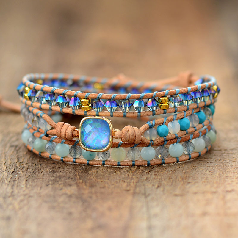 

Top Quality Women Bracelets Natural Opal Stone Rhinestone 3 Rows Leather Wrap Bracelet Fancy Femme Boho Bracelets Dropships
