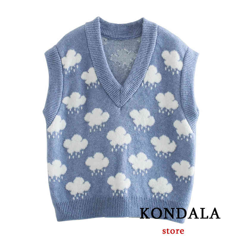 

KONDALA Women' Vest Sweaters Sweet Cloud Carton Print Sleeveless V Neck Casual Oversized Waistcoat Fashion Tops 210525, As picture