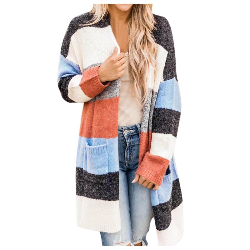 

Women' Knits & Tees Women Knitted Cardigan Comfy Stylish Stitching Long Sleeve Striped Patchwork Sweater Female Casual Medium Cardigans Win, White