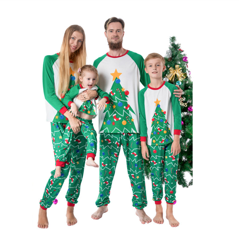 

Christmas new Christmas tree print parent-child outfit set furniture, Blue