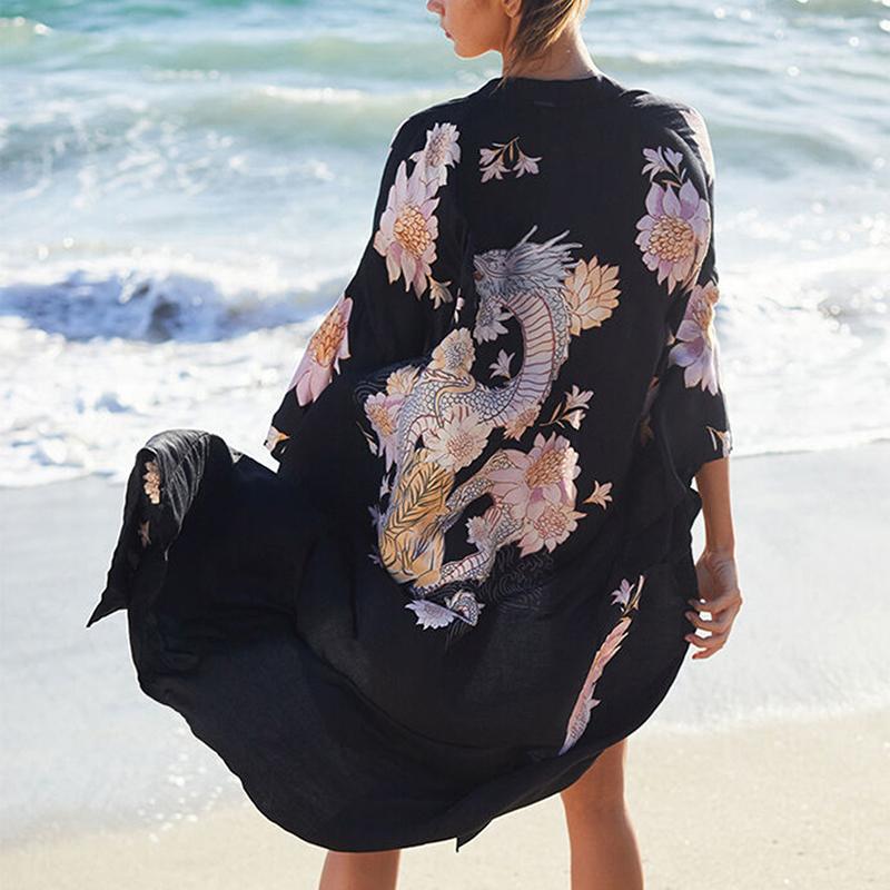 

Women's Swimwear Print Sexy Bikini Cover-ups Black Casual Summer Beach Dress Kimono Femme Kaftan Plus Size Wear Swimsuit Cover Up