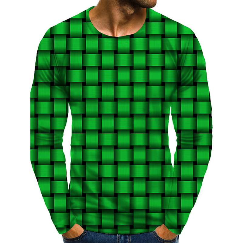 

Green grid Mens 3D Print T-shirt Visual Impact Party Top Streetwear Round Neck High Quality Long Sleeves Graphic Optical Illusion Plus Size, White;black