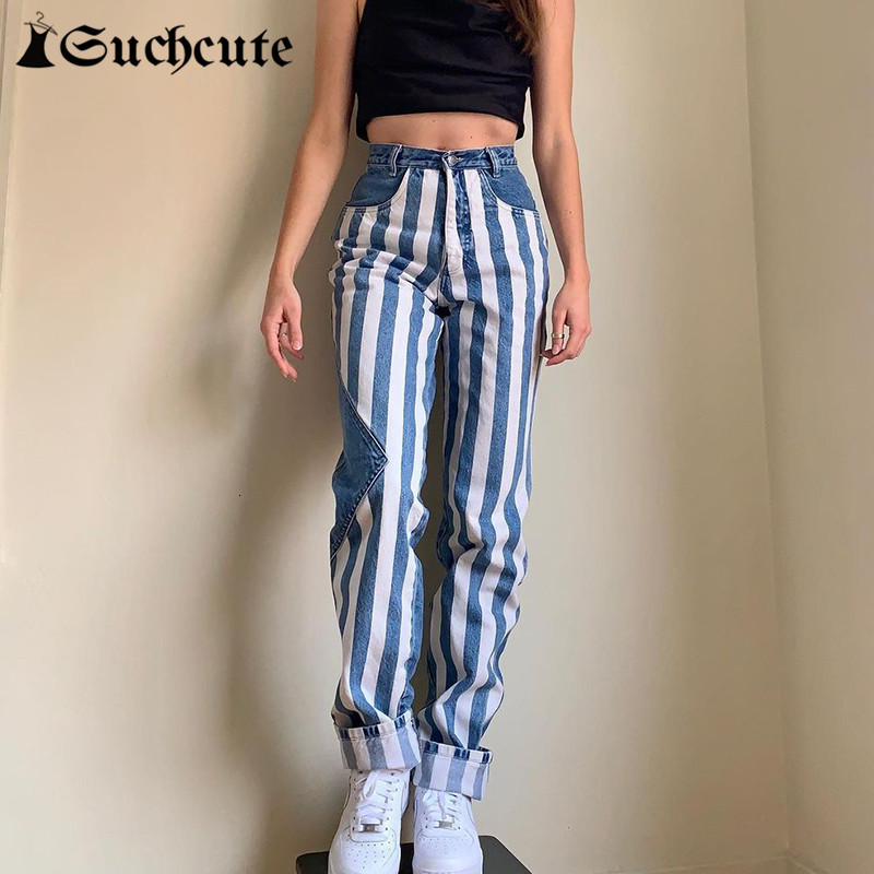 

Women's Jumpsuits & Rompers Striped Straight Pants For Women High Waist Y2K Patchwork Gothic Jeans Trousers Streetwear Fashion Kor, Blue