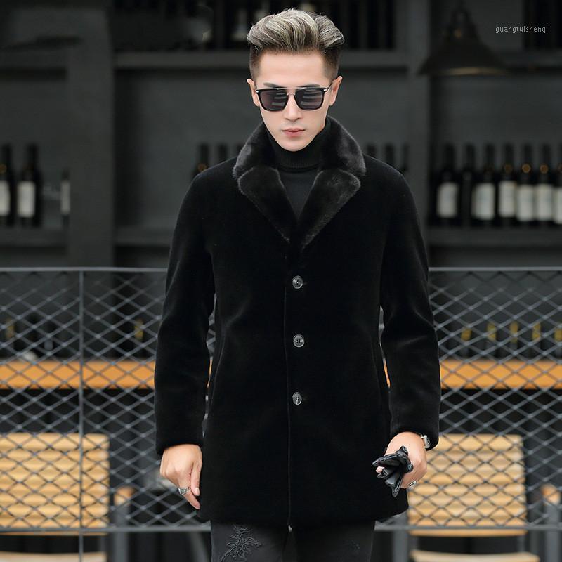 

Men's Leather & Faux AYUSNUE Real Wool Fur Coat Men Sheep Shearing Long Winter Down Jacket Mink Collar Jackets And Coats 81X98002 KJ2457, Black