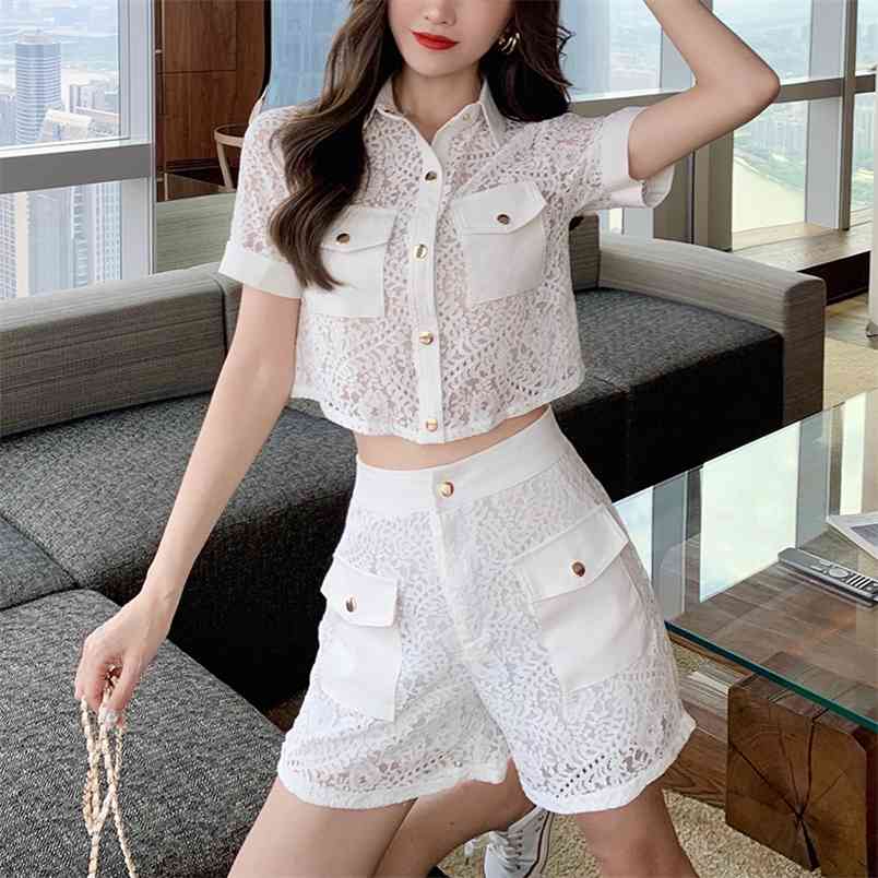 

Summer Sexy White Embroidery Lace Hollow out Two piece Set Women Turn Down Collar Shirt Top and High Waist Shorts Outfits 210519