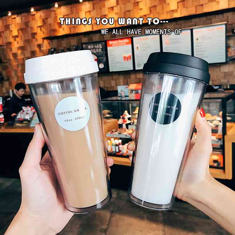 

Double layer heat insulation transparent coffee milk tea handy cup, Small black push top double coffee cup