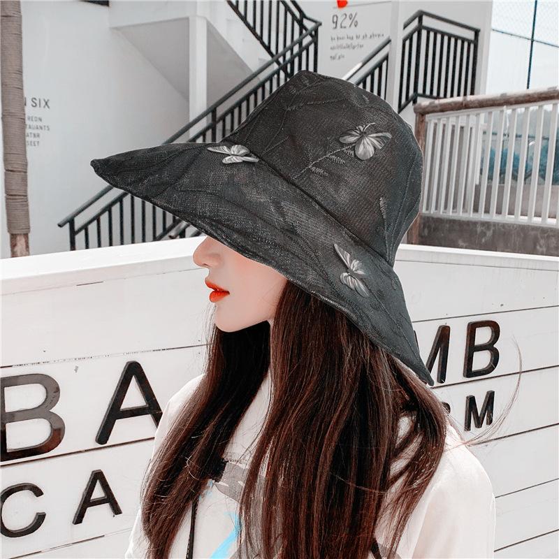 

Wide Brim Hats Women's Summer Lace Butterfly Embroidery Hat Korean-Style Fashion Elegant Silk Fabrics Gauze Big Sun, Blue;gray