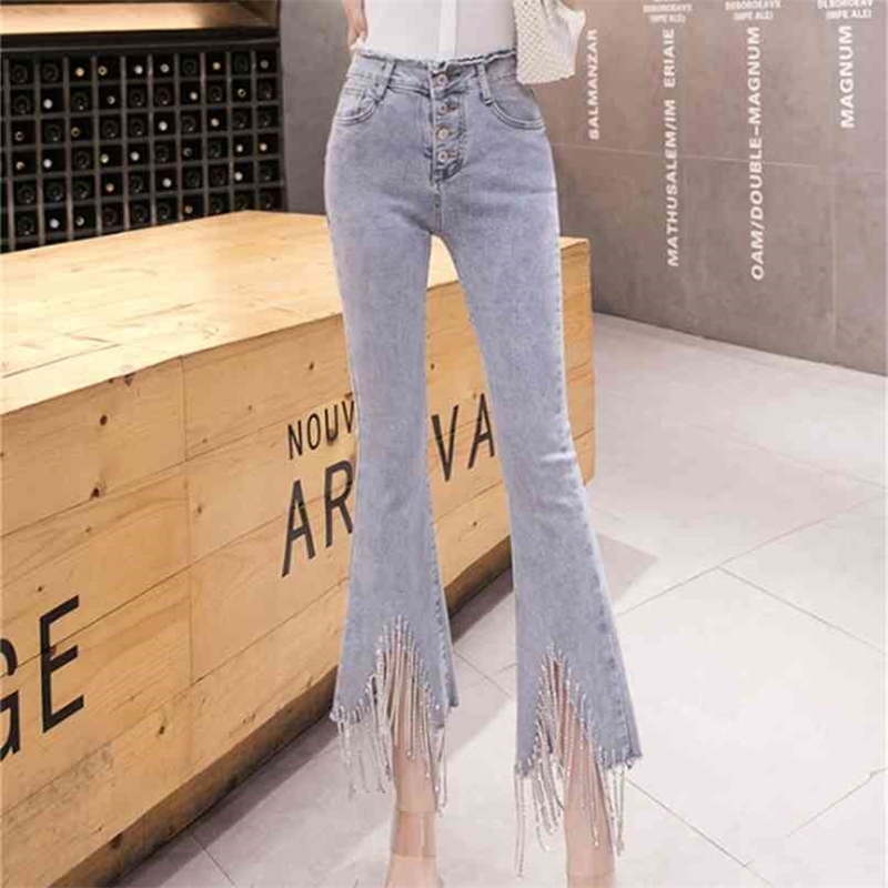 

spring Flare Set auger Jeans Woman Denim Trousers Vintage Women Clothes Fall High Waist Pants Stretchy 210520, Blue