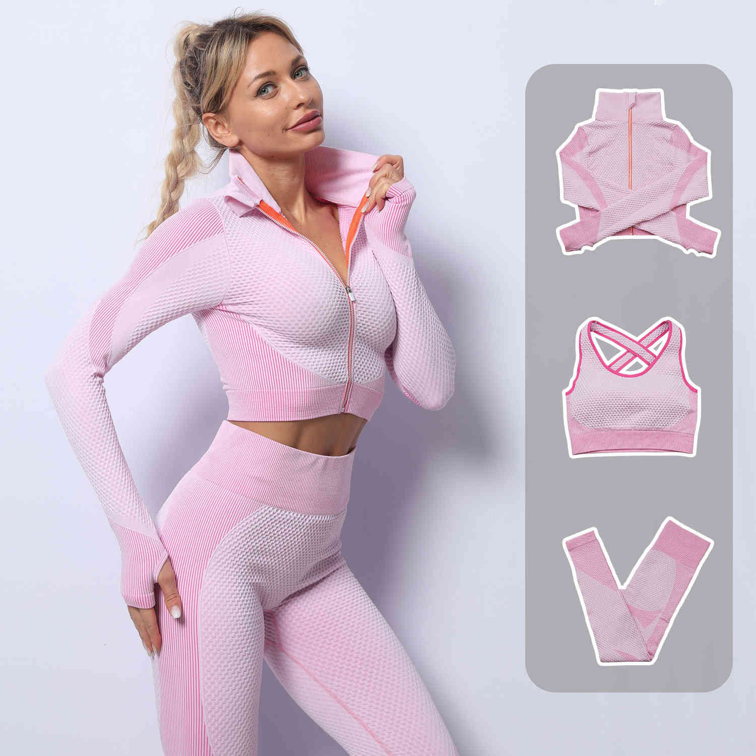 

Seamless Yoga suit women' quick drying top hip lifting elastic fitness pants three piece, Two piece powder