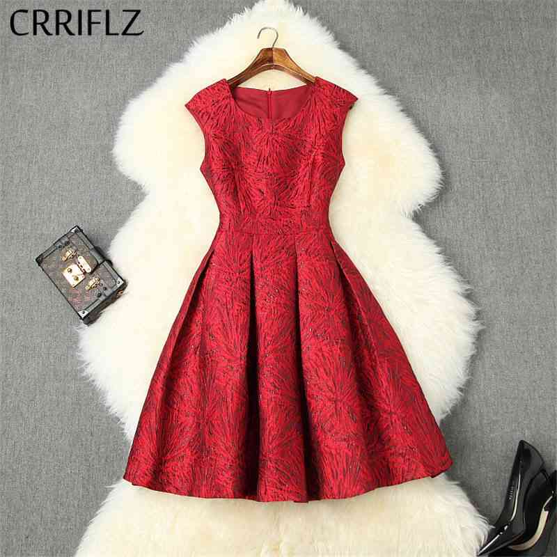 

Short Slim Ball Gown Women O Neck Sleeveless Jacquard Dress Red Elegant Spring Summer Office Lady 210520