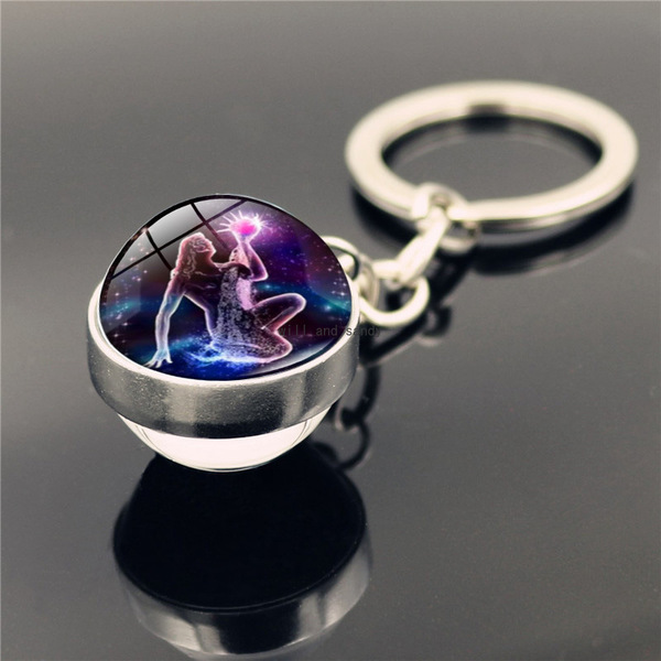

12 Zodiac Sign Glass Cabochon Ball Keychain Animal Aries Gemini Star Horoscope Pendant Double-sided Key Ring Bag Hangs Fashion Jewelry Will and Sandy