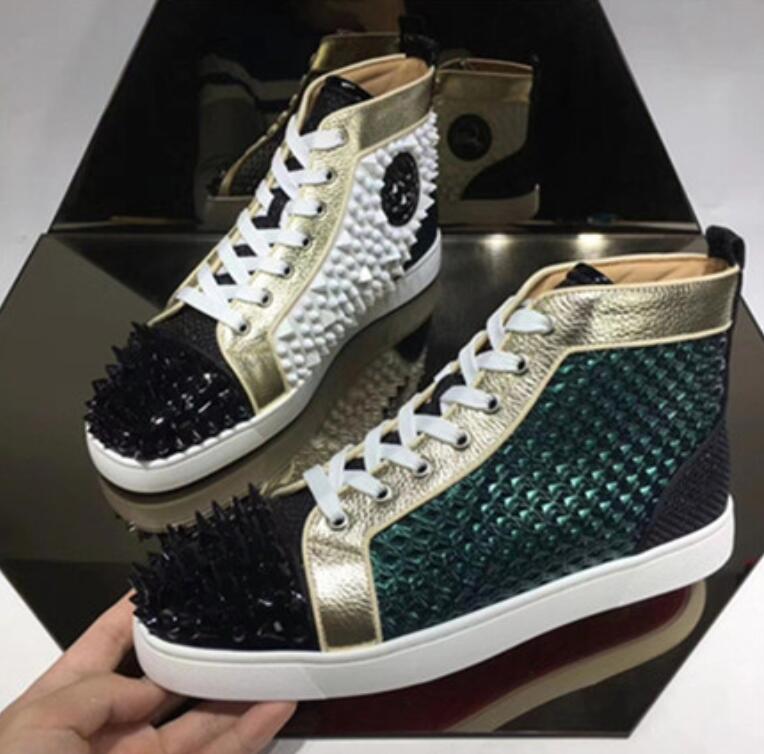 

Luxury Black Gold Glitter Sequins Red Bottom Shoes Designer High Top Spikes Toe Genuine Leather Flats Party Wedding Sneakers 35-47