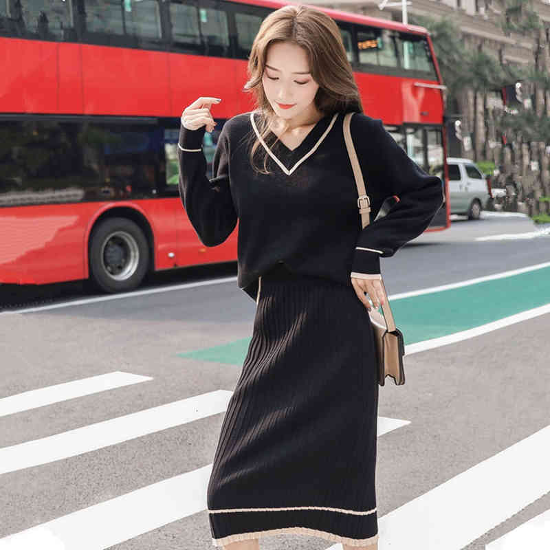 

Two Piece Dress Autumn/Winter Women Knitted Sets Pullover Sweater & Long Pencil Skirt Suits Ladies V-Neck Tops Groove 2pcs Set 301, Caramel colour
