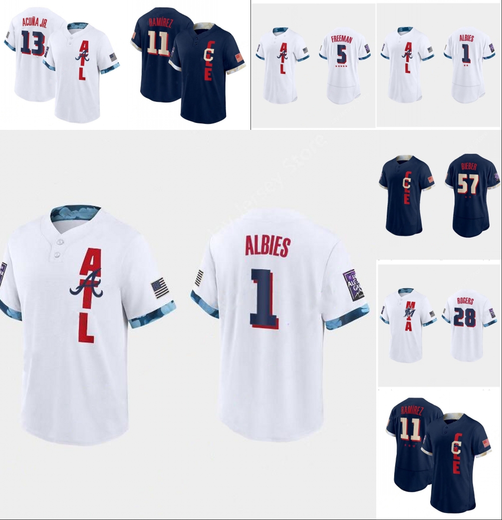 

2021 All-Star Jersey Aaron Judge Aroldis Chapman Freddie Freeman Gerrit Cole Jose Ramirez Ozzie Albies Ronald Acuna Jr. Shane Bieber Trevor Rogers Navy White
